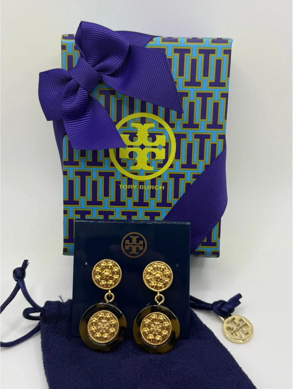 Tory Burch Shiloh Logo Drop Earrings Gold and Tortoise